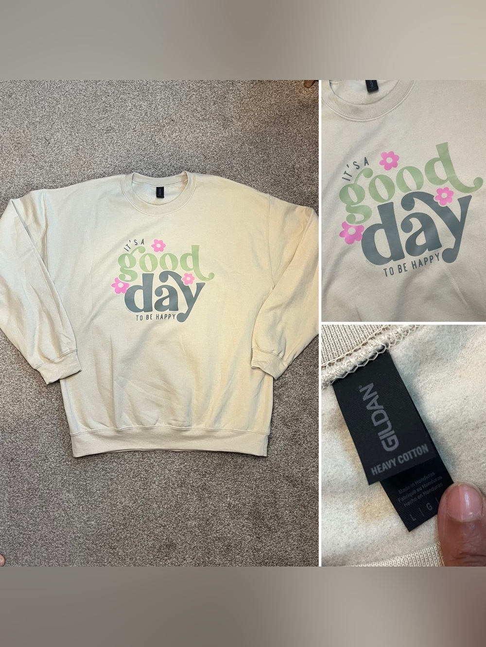 Gildan Cream Crewneck Sweatshirt with Green & Gray Floral Graphic
